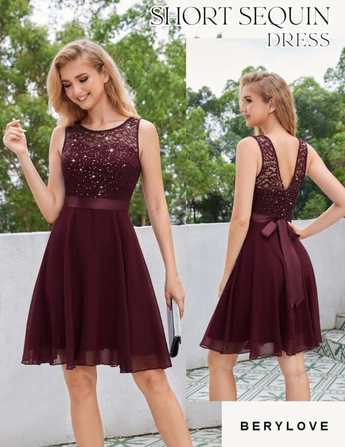 Berylove Cocktailkleid Damen Abendkleider Elegant für Hochzeit Kleid Hochzeitsgast Chiffon Ärmellos Spitzenkleid – Bild 2