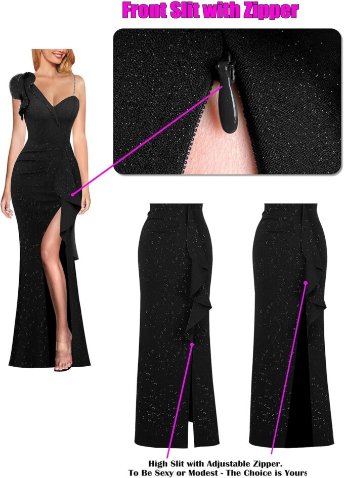 VFSHOW Womens Formal Prom Elegant Ruffle One Shoulder Beaded Strap Ruched Slit Maxi Dress Wedding Evening Long Gown – Bild 5