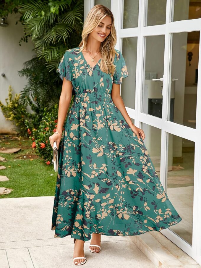 Simplee Womens Floral Maxi Dress - Short Sleeve Summer Boho Wedding Guest Dress Empire Waist Chiffon Modest Midi Dresses – Bild 5