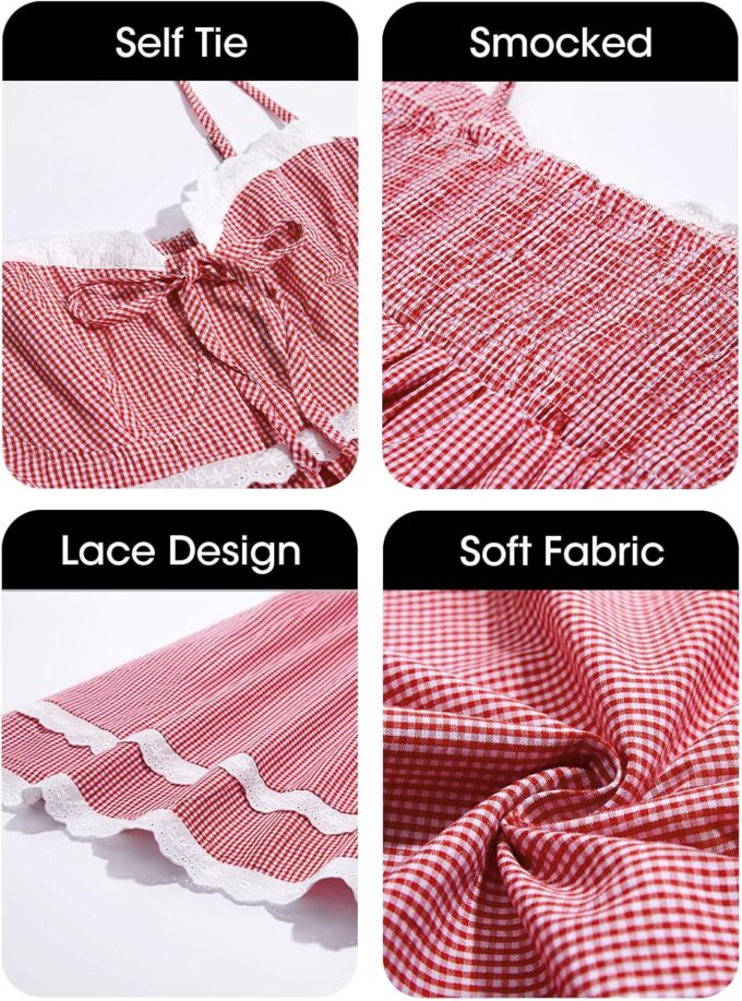 Wenrine Womens Summer Mini Dress Spaghetti Strap Sweetheart Y2K Plaid Lace Trim Tiered Beach Sundress Dresses – Bild 6