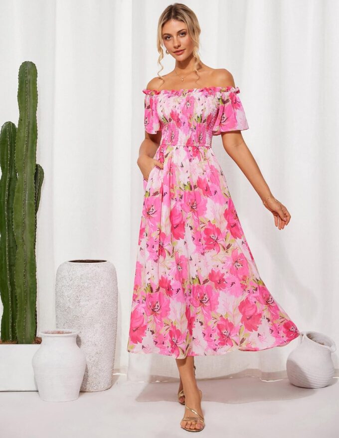 GRACE KARIN Damen Kleider Schulterfreies Blumen Hochzeitskleid mit Taschen Elegant Sommerkleid Damen Leicht und Luftig – Bild 2