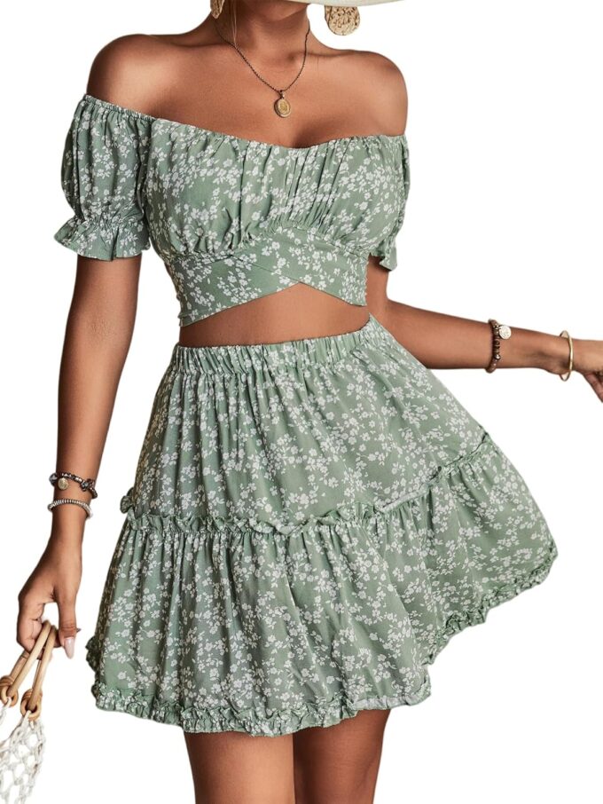 LYANER Women's 2 Piece Outfits Floral Off Shoulder Tie Up Crop Top and Mini Skirt Set – Bild 3