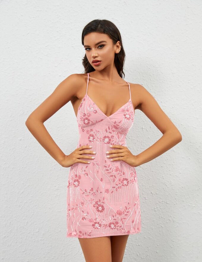 Women Sequin Sparkly Rhinestone Mini Dress Sleeveless Backless Deep V Neck Glitter Short Cami Dress Party Clubwear – Bild 7