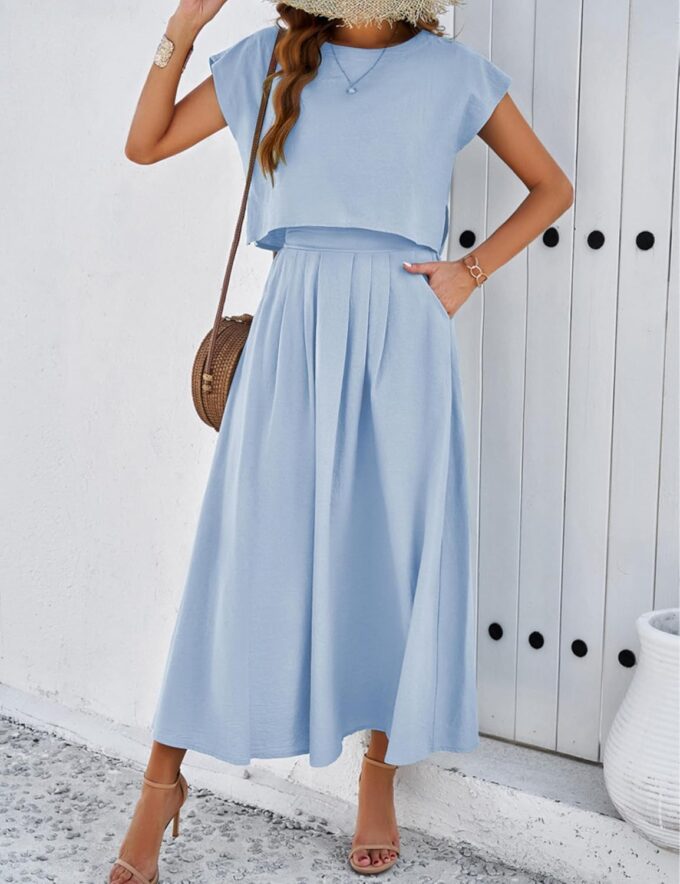 HangNiFang Summer Skirt Sets Women 2 Piece Outfits Cap Sleeve Top Elastic Waist Lightweight Maxi Dress Sets with Pockets – Bild 2