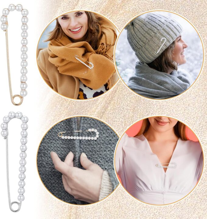 Nogeqi 4 Stück Broschennadeln Groß, Sicherheitsnadel Perlen, Schleppennadel Brautkleid, Sicherheitsnadeln Perlen Brosche Damen, Safety Pin Necklace Für Kleidung Mädchen Weihnachten – Bild 8