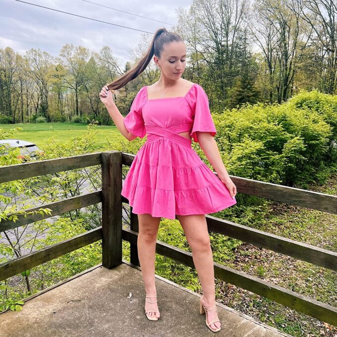 Shy Velvet Women's Summer Dress Square Neck Short Sleeves Crossover Waist Casual Party Mini Dress – Bild 4