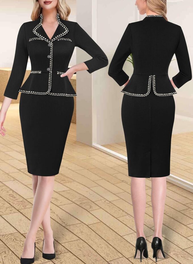VFSHOW Damenkleid 2024 für Herbst Arbeit Business V-Ausschnitt Knöpfe Kirche Büro Schlankheits Kragen Schößchen Bleistift Etuikleid – Bild 2