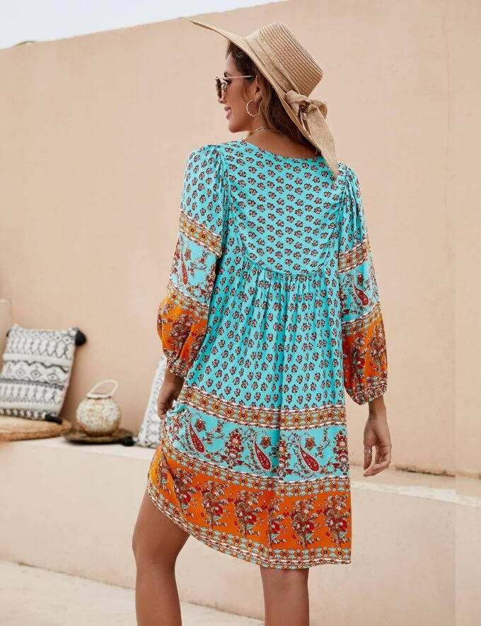 Bluetime Women Casual Summer Dress Boho V Neck 3/4 Sleeve Babydoll Floral Print Flowy Beach Dress – Bild 5
