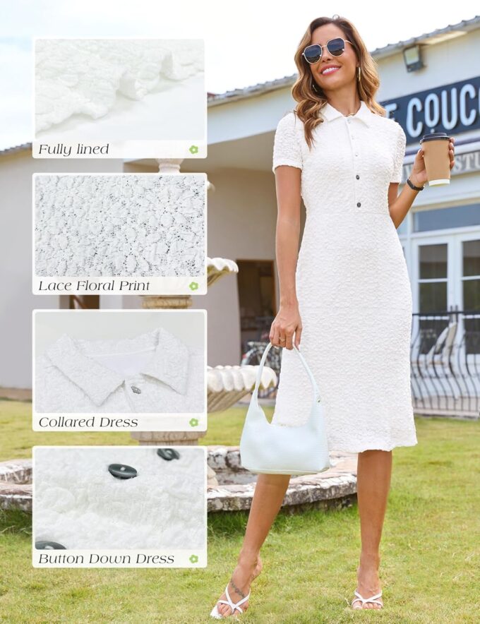 Annebouti Damen-Midikleid für Frühling und Sommer, kurzärmelig, elegant, Spitze, Knopfleiste, halbformell, Arbeit, Business, Casual – Bild 5