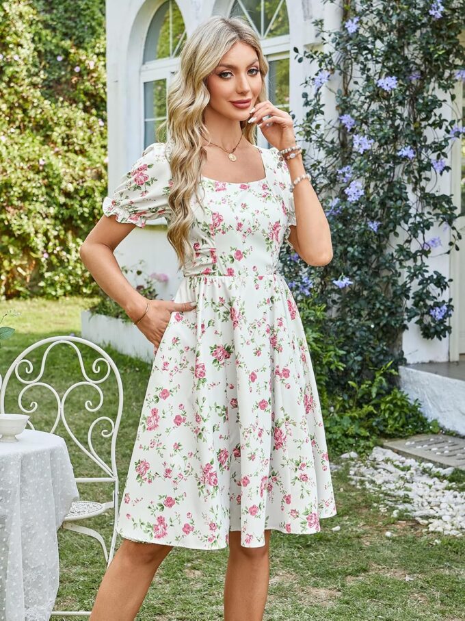 Belle Poque Vintage Dress for Women 1950s Cottagecore Cocktail Dresses Square Neck Puff Sleeve Dress with Pockets – Bild 6