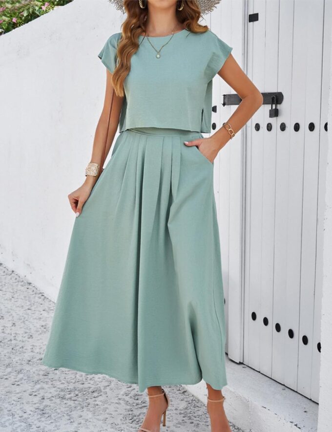 HangNiFang Summer Skirt Sets Women 2 Piece Outfits Cap Sleeve Top Elastic Waist Lightweight Maxi Dress Sets with Pockets – Bild 6