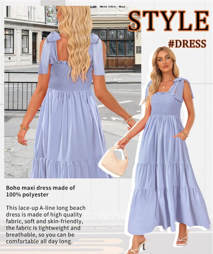 Women's Summer Maxi Dress Boho Spaghetti Straps Casual Long A-line Smocked Beach Dress Square Neck Flowy Sun Dress – Bild 2