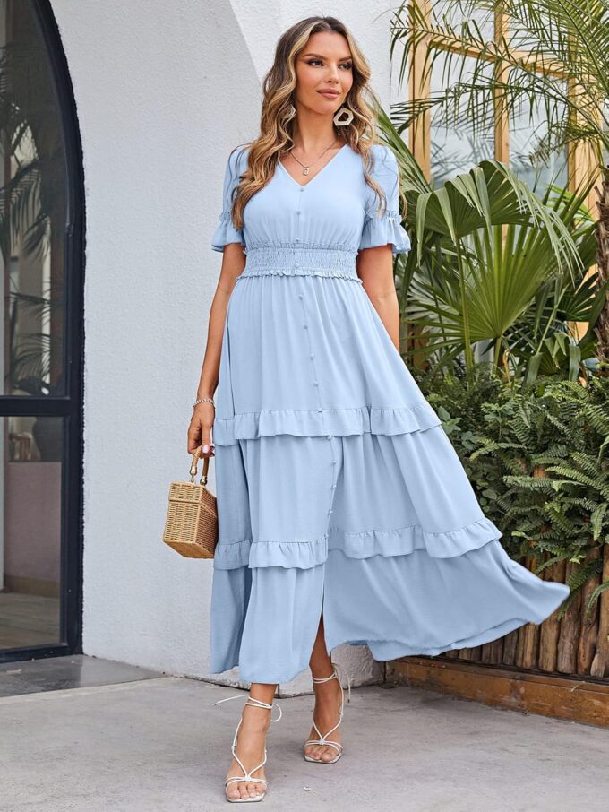 Amegoya Women's V Neck Long Sleeve Boho Maxi Dress Summer Wedding Guest Long Flowy Engagement Dresses – Bild 3