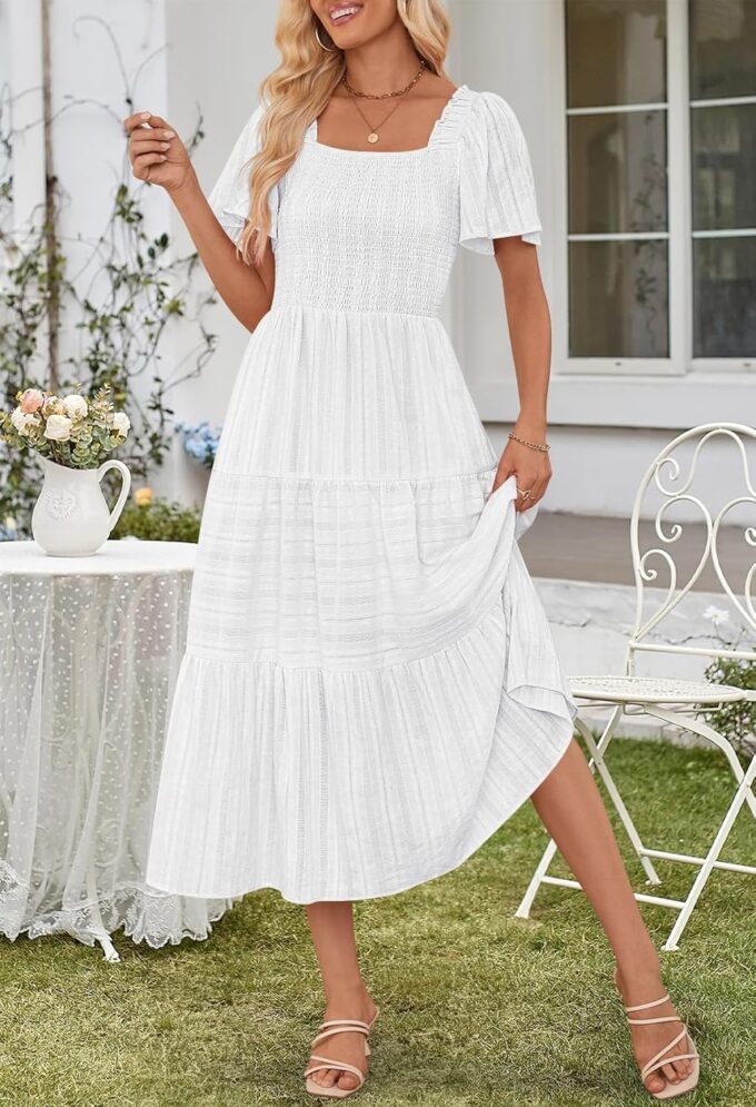 MEROKEETY Women's 2025 Summer Flowy Midi Maxi Dress Short Sleeve Square Neck Smocked Tiered Ruffle Boho Dresses with Pockets – Bild 2