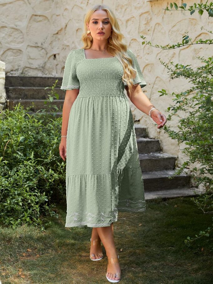 Glamaker Women's Plus Size Summer Casual Short Sleeve Smocked Square Neck A Line Flowy Midi Dress Long Dress – Bild 4
