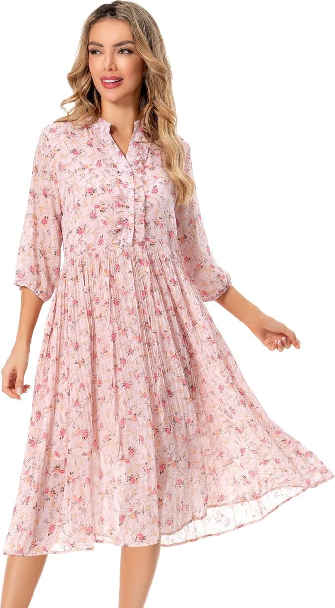 Shineflow Women's Short Sleeve V-Neck 3/4 Sleeve Button Up Chiffon Floral Pleated Midi Swing Dress with Belt – Bild 3