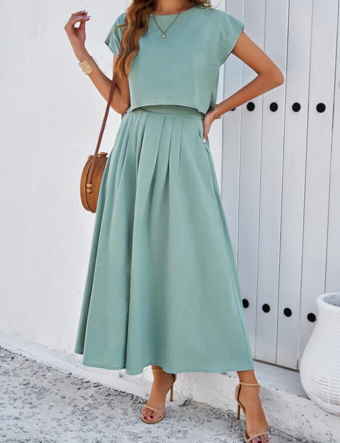 HangNiFang Summer Skirt Sets Women 2 Piece Outfits Cap Sleeve Top Elastic Waist Lightweight Maxi Dress Sets with Pockets – Bild 5