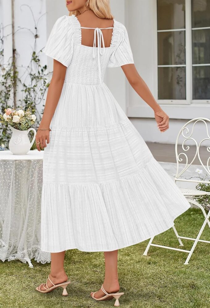 MEROKEETY Women's 2025 Summer Flowy Midi Maxi Dress Short Sleeve Square Neck Smocked Tiered Ruffle Boho Dresses with Pockets – Bild 3