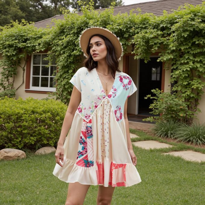 Women’s Boho Mini Dress Y2k Floral Print Deep V-Neck Puff Sleeve Short Dress 2025 Summer Loose Beach Sundress – Bild 5