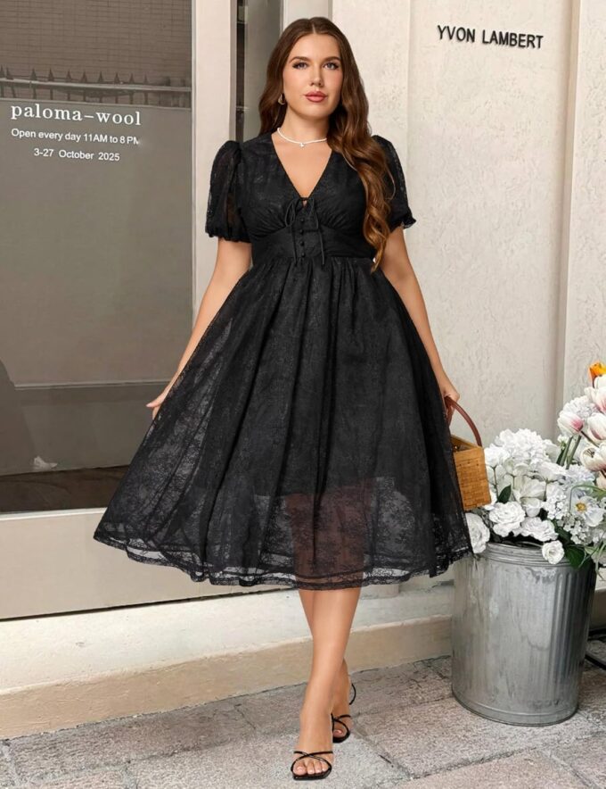 Plus Size Summer Dresses for Women 2025 V Neck Lace Midi Dress Semi Formal Short Sleeve Wedding Guest Cocktail Prom – Bild 2