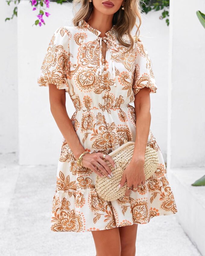 BTFBM Women Summer Floral Short Dresses V Neck Short Sleeve Tiered Ruffle Boho Swing Dress A-Line Mini Dresses – Bild 4