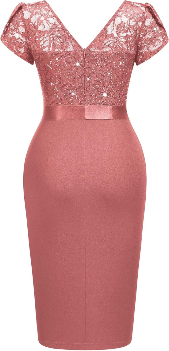 Miusol Women's Classy V-Neck Glitter Sequin Lace Cap Sleeve Cocktail Party Dress – Bild 6