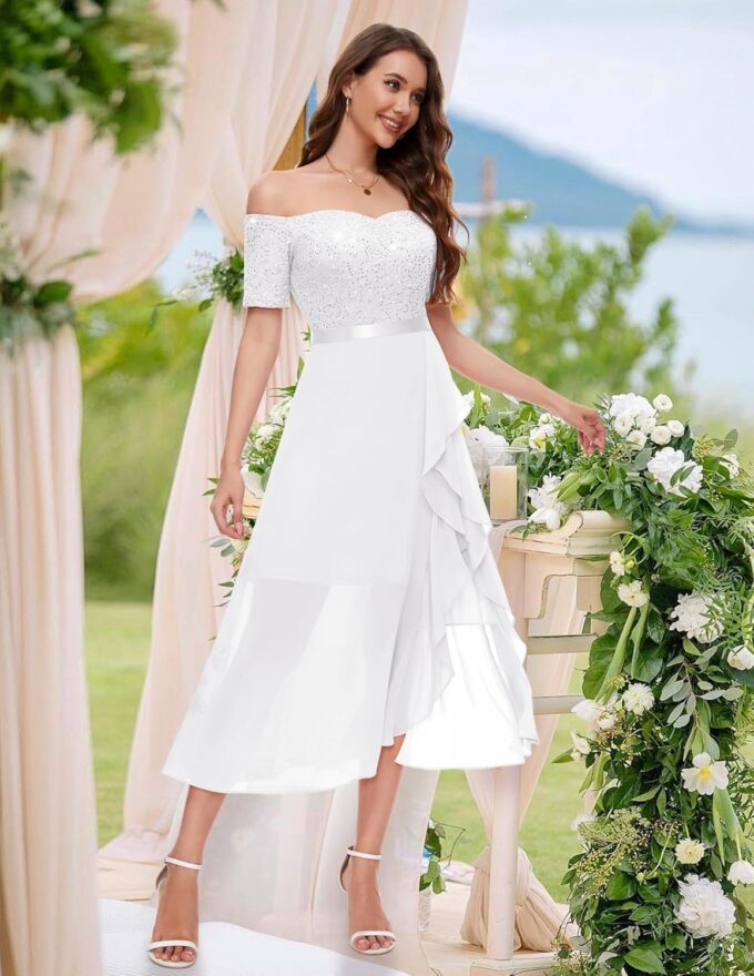 Berylove Abendkleid Damen Lang Glitzer Kleid Cocktailkleid Elegant für Hochzeit Off Shoulder Kleid Ballkleid – Bild 2