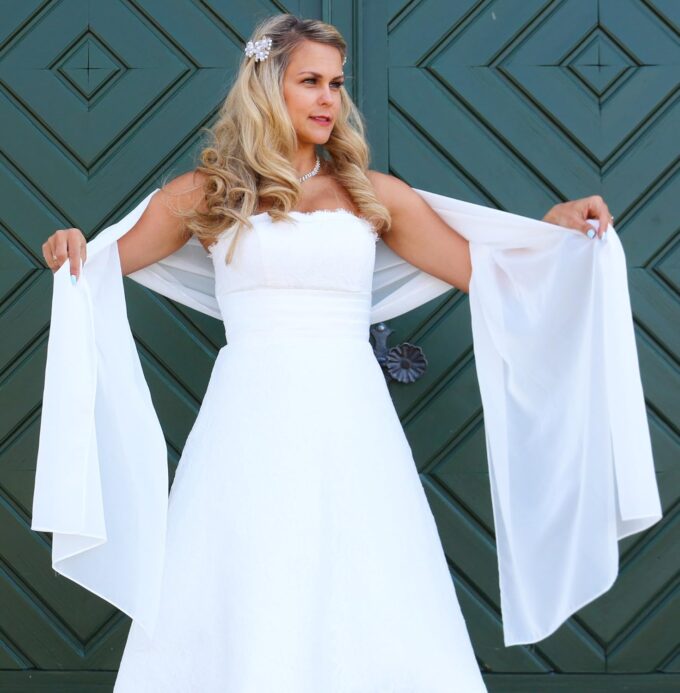 NONAME Schal Brautkleid Stola Umschlagtuch Chiffon weiß Ivory Jacke Braut 230x70 Bolero Braut – Bild 2