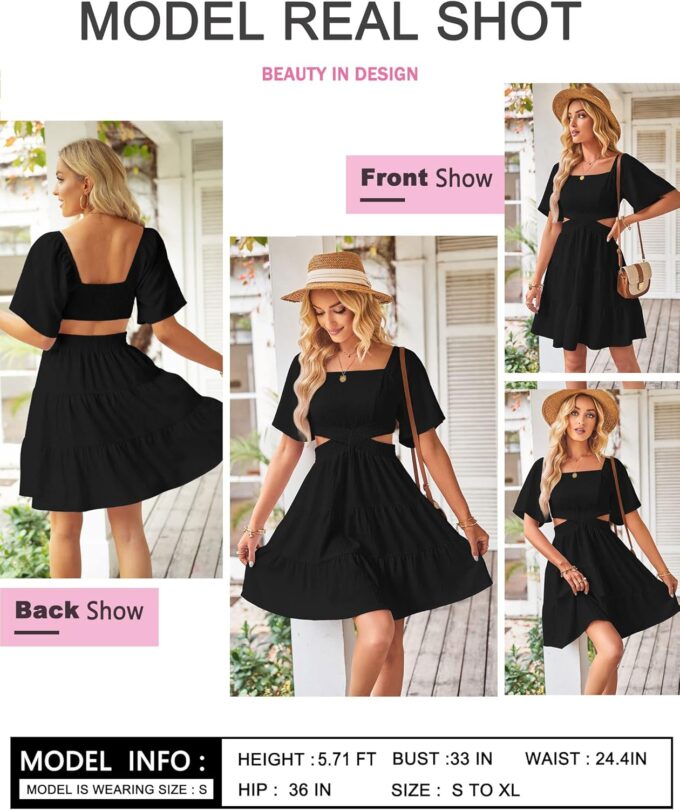 Women's Summer Dresses Square Neck Casual Short Sleeves Crossover Elastic Waist Party Mini Dress – Bild 5