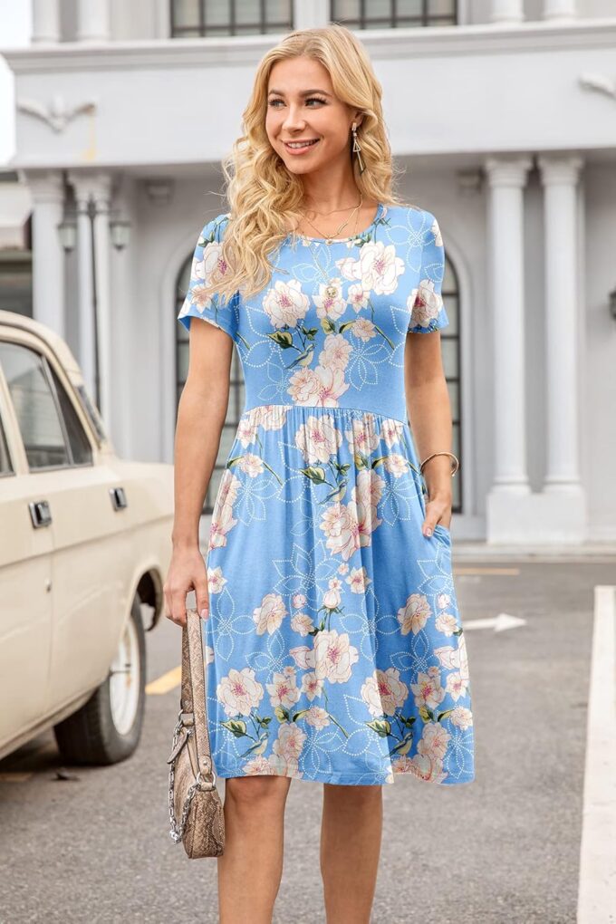 DB MOON Women Summer Casual Short Sleeve Dresses Empire Waist Dress with Pockets – Bild 3