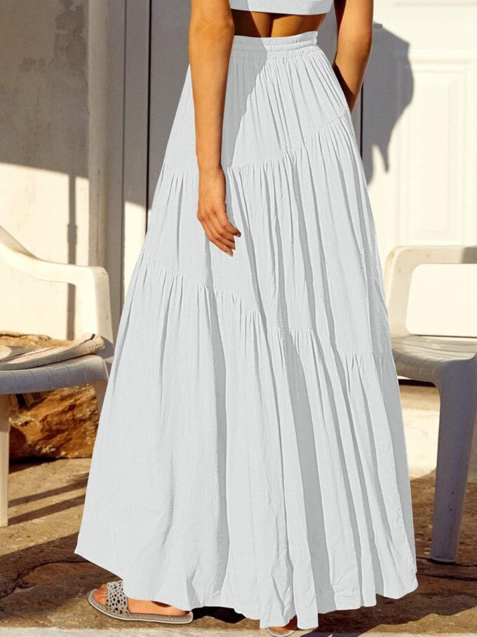 ANRABESS Women’s Boho Elastic High Waist Pleated A-Line Flowy Swing Asymmetric Tiered Maxi Long Skirt Dress with Pockets – Bild 4