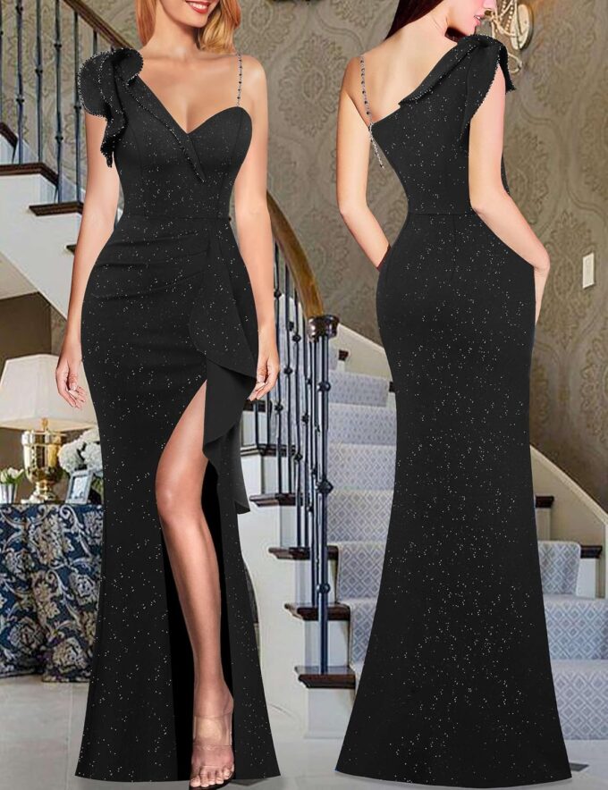 VFSHOW Womens Formal Prom Elegant Ruffle One Shoulder Beaded Strap Ruched Slit Maxi Dress Wedding Evening Long Gown – Bild 2