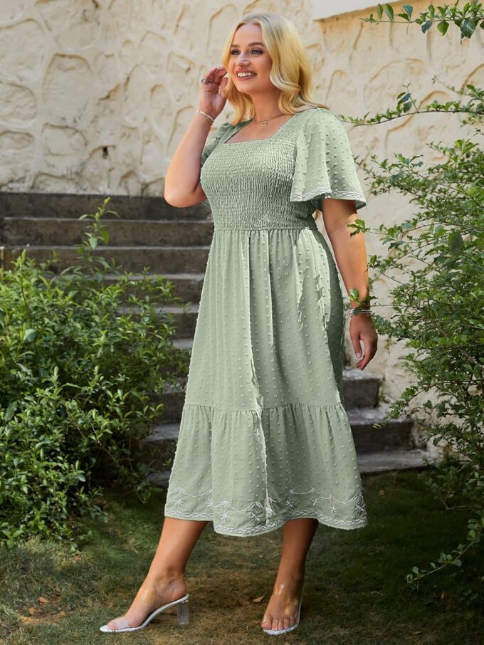 Glamaker Women's Plus Size Summer Casual Short Sleeve Smocked Square Neck A Line Flowy Midi Dress Long Dress – Bild 3