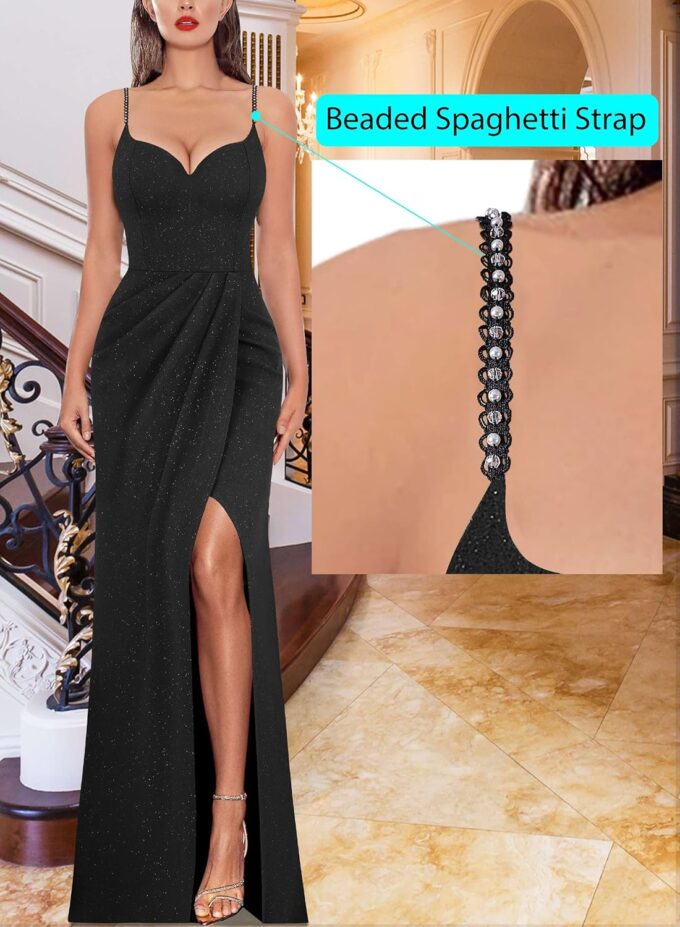 VFSHOW Womens Sexy Formal Ruched Fitted High Slit Bodycon Maxi Dress Spaghetti Strap Sweetheart Cocktail Prom Evening Gown – Bild 2