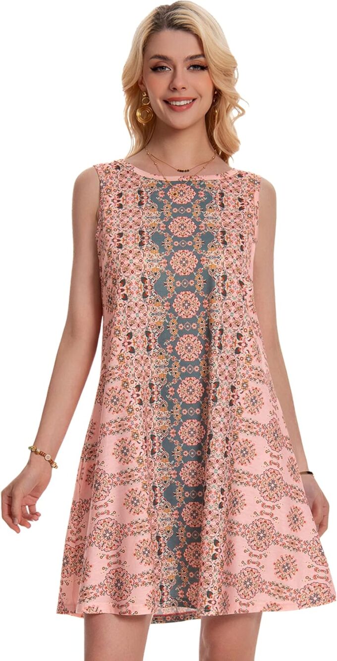 Summer Dresses for Women Beach Boho Sleeveless Vintage Floral Flowy Pocket Tshirt Tank Sundresses – Bild 5