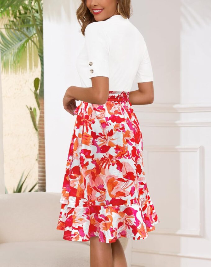Annebouti Damen-Midikleid 2025, kurzärmelig, für Frühling und Sommer, gerippt, halbformell, für Lehrer, Freizeit, Arbeit, Midi-Kleid mit Taschen – Bild 3