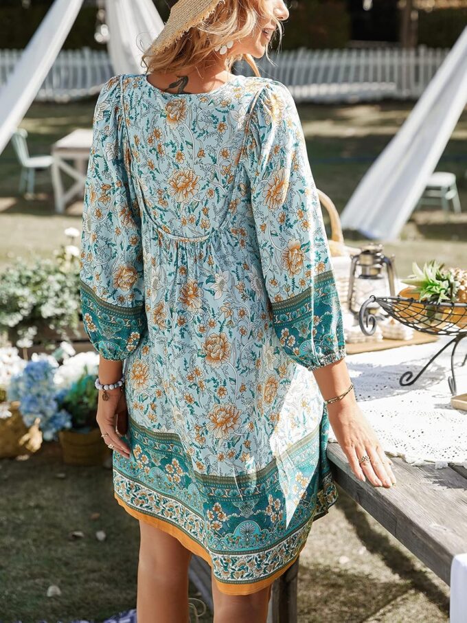 TEMOFON Women's Boho Mini Dress: Summer Floral 3/4 Long Sleeve V Neck Flowy Loose Casual Beach Dresses – Bild 4