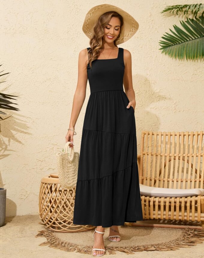 Kranda 2025 Summer Sleeveless Long Beach Sundress Square Neck Tank Top Tiered Maxi Dress with Pockets – Bild 2