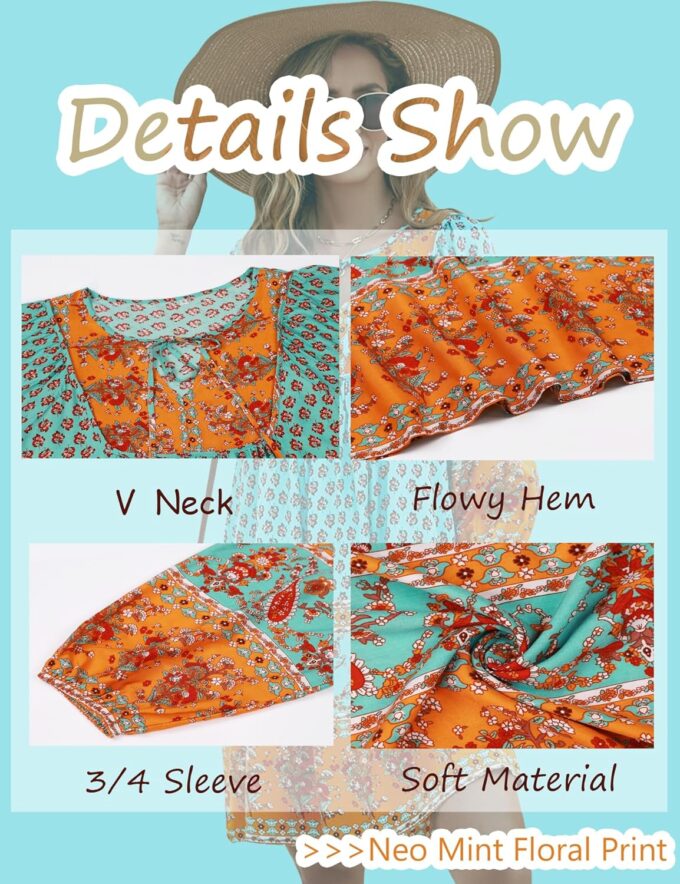 Bluetime Women Casual Summer Dress Boho V Neck 3/4 Sleeve Babydoll Floral Print Flowy Beach Dress – Bild 6