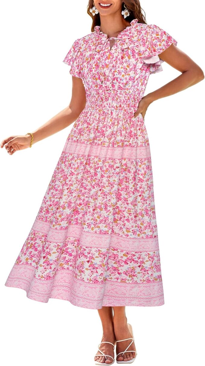 GRACE KARIN Damen Kurze Rüschenärmel Blumenkleid Sommer Rundhals A-Linie Maxikleid Casual Strand Böhmisch Kleider