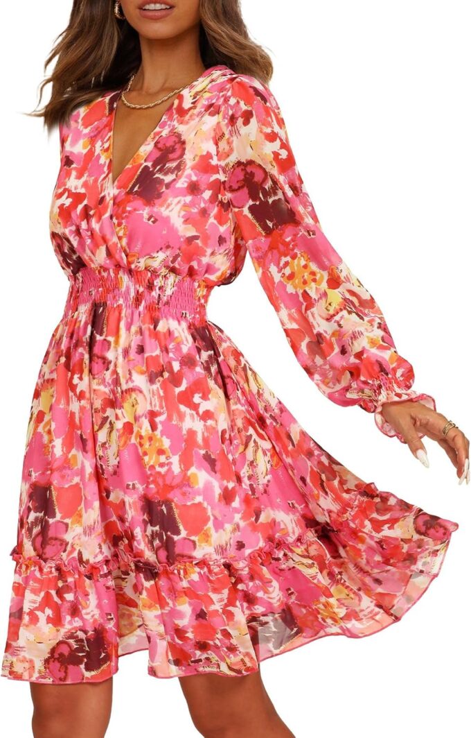 Prettywear Women's Floral Chiffon Long Sleeve Mini Dress Flowy A-Line Wrap Neck Tie Back Short Dress