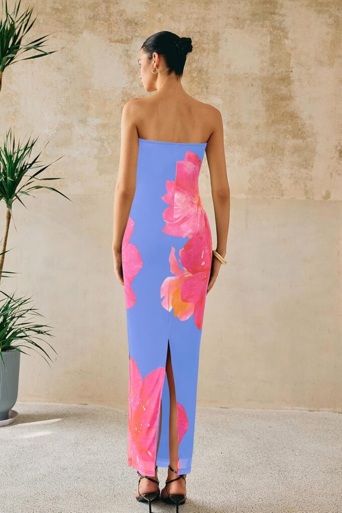 PRETTYGARDEN Women Summer Strapless Maxi Dress Bodycon Floral Sexy Long Wedding Guest Dress Formal Tube Mesh Cocktail Dresses – Bild 6