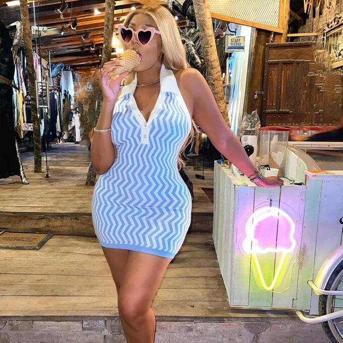 Ryehack Women’s Summer Halter Dress Backless Sundress Striped V Neck Bodycon Mini Beach Dress Y2k Sexy Casual Tank Dress – Bild 2