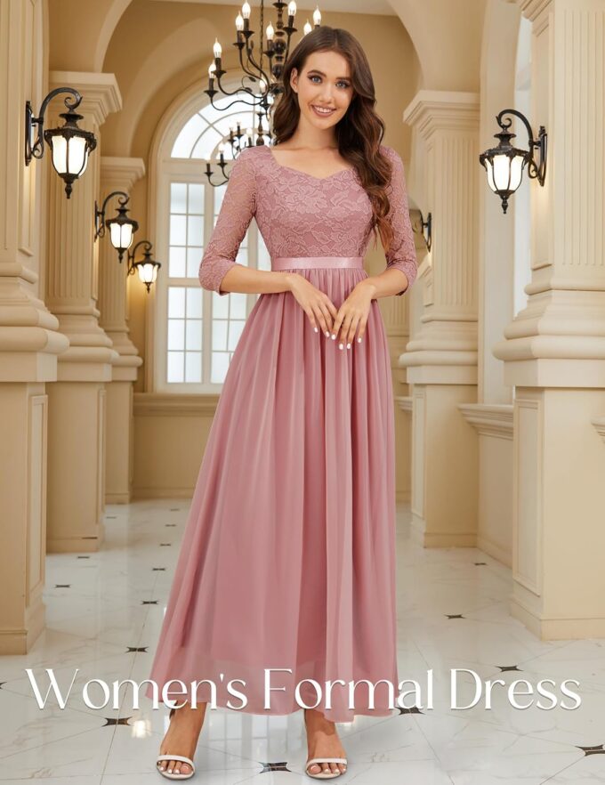 Wedtrend Abendkleid Elegant für Hochzeit A Linie Cocktailkleid Damen Lang Chiffon Abschlusskleid V-Ausschnitt Spitzenkleid – Bild 5