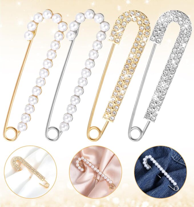 4 Stück Schleppennadel Brautkleid, Broschen für Kleidung mit Strasssteinen und Sicherheitsnadeln Elegant für Hochzeiten Partys oder Alltag in Gold Und Silber – Bild 7