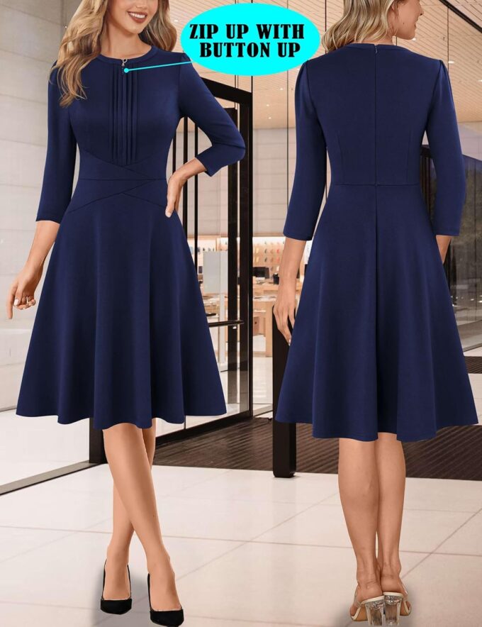 VFSHOW Damen-Kleid, plissiert, Rundhalsausschnitt, Reißverschluss vorne, für Arbeit, Büro, Business, A-Linie, schmale Passform und ausgestelltes Kleid – Bild 5