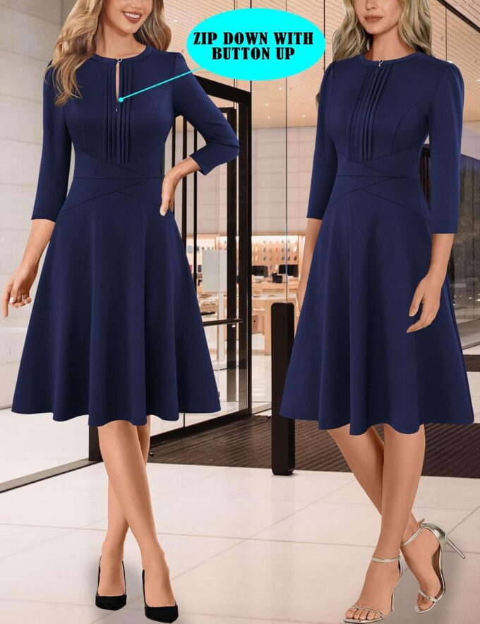VFSHOW Damen-Kleid, plissiert, Rundhalsausschnitt, Reißverschluss vorne, für Arbeit, Büro, Business, A-Linie, schmale Passform und ausgestelltes Kleid – Bild 2
