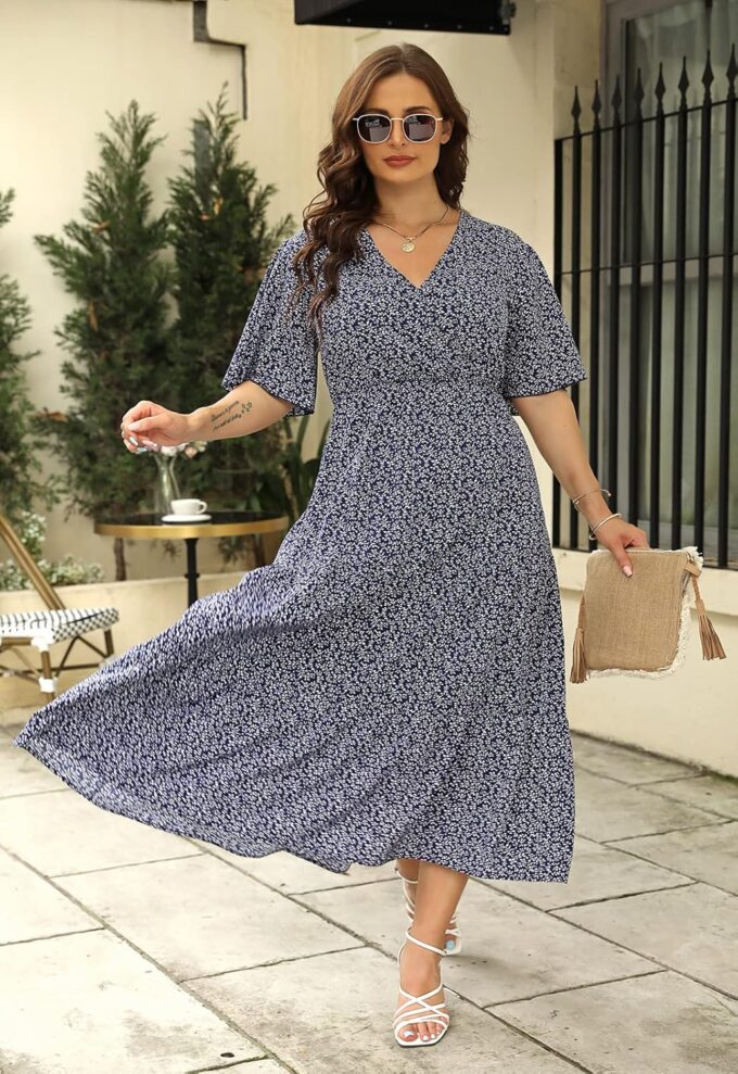 Keluummi Plus Size Summer Wedding Guest Maxi Dresses for Curvy Women, Casual Floral 3/4 Sleeve Emipre Waist V Neck Long Dress – Bild 5