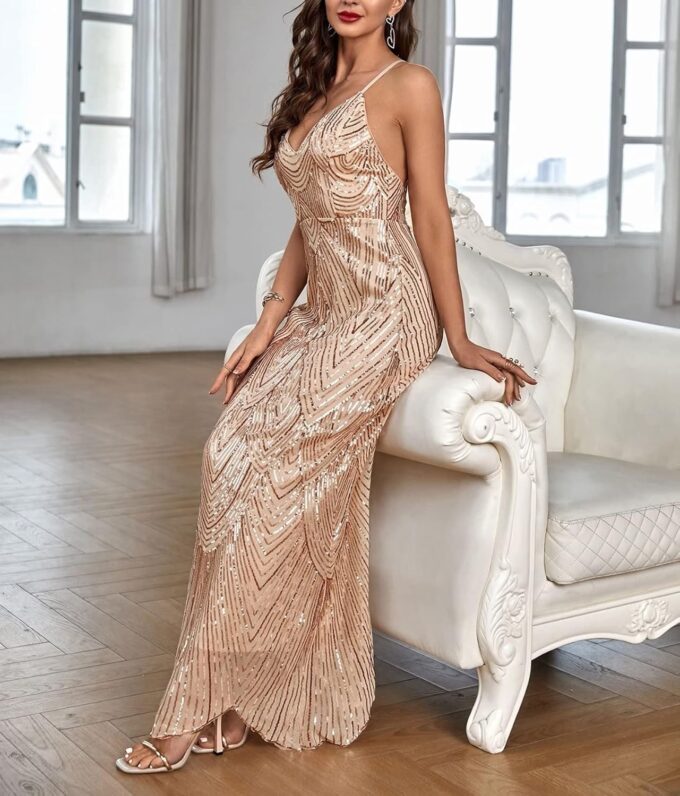 Women's V Neck Spaghetti Straps Sequin Sparkly Glitter Irregular Hem Prom Dress Bcakless Maxi Evening Gowns – Bild 3
