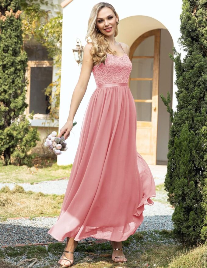 DRESSTELLS Abendkleider Elegant für Hochzeit Festlich Ballkleid Damen Lang Brautkleid Standesamt Brautjungfernkleider mit Spaghettiträger Jugendweihe Kleider – Bild 3